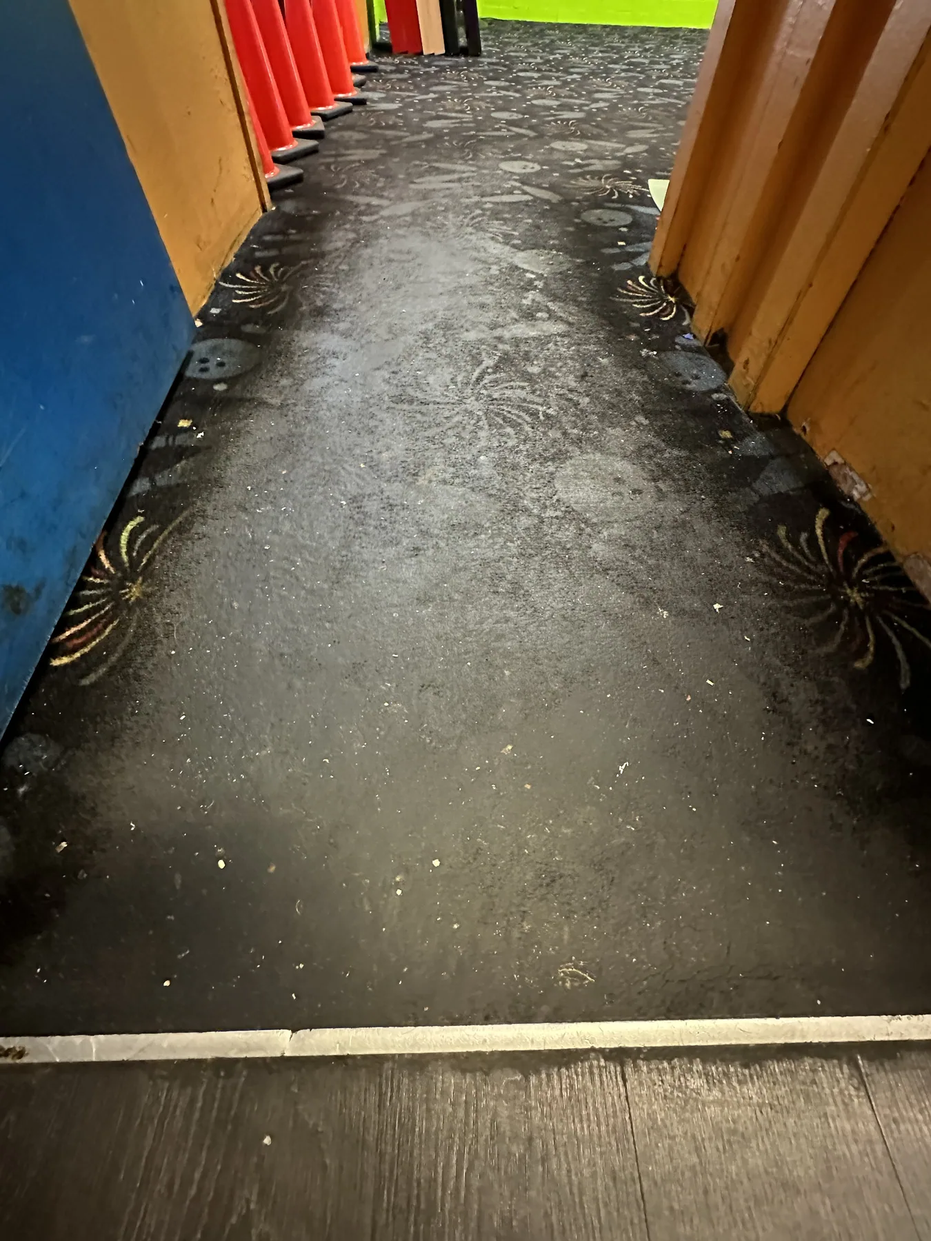 Heavily soiled patterned commercial carpet in an entryway before cleaning