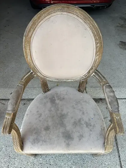 French style armchair with heavy ground in soil across the velvet seat cushion