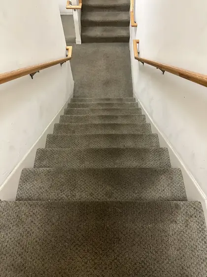 Staircase carpet with visible traffic wear before cleaning